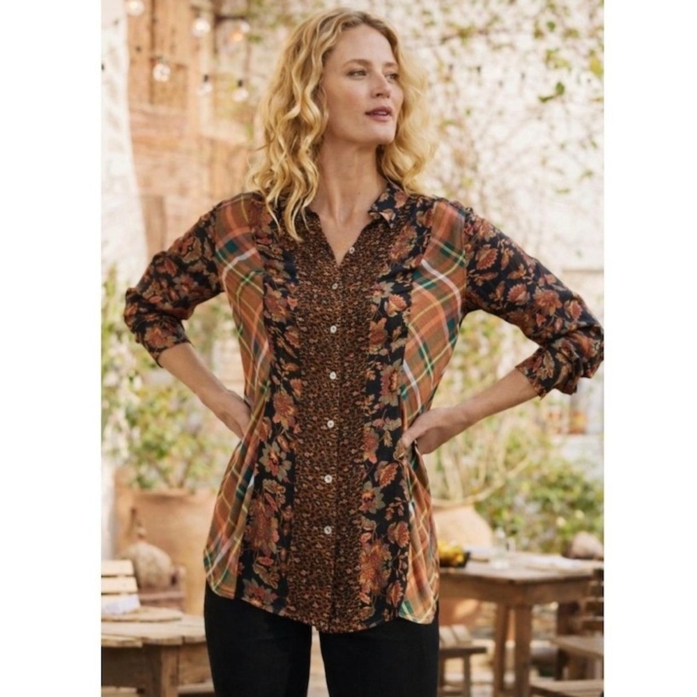 Soft Surroundings Mixed Print Patchwork Button Down Tunic Top Leopard Floral PXL